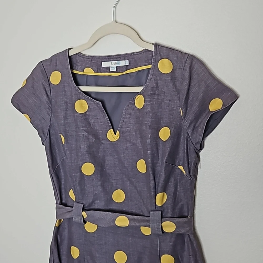 Boden Womens Dress Sz 6 Gray Yellow Polka Dot Belted Sheath Cotton Linen Preppy - Picture 3 of 11